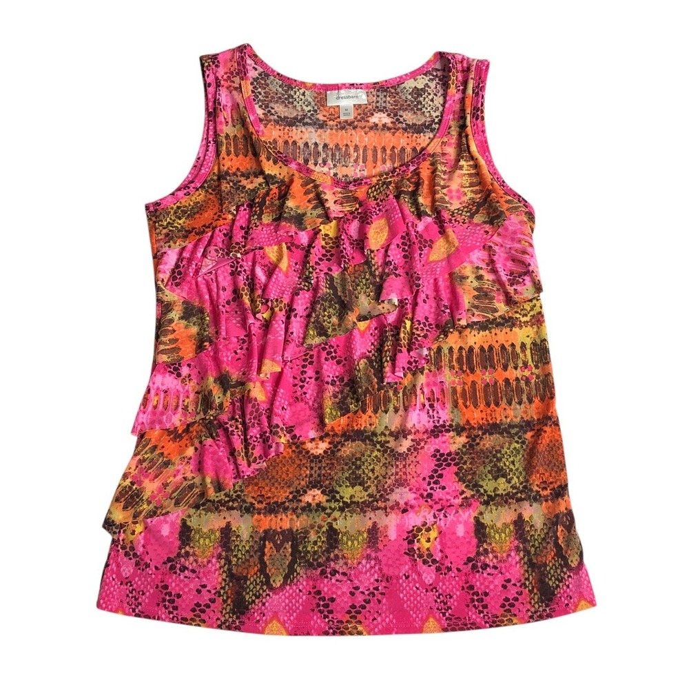 Vintage Y2K Dressbarn Tank Top Womens M Pink Snake Print Tiered Ruffle Mob Wife